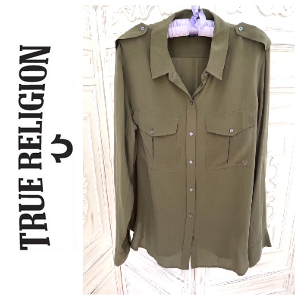 NWOT SILK TRUE RELIGION OLIVE BUTTON DOWN SHIRT SZ XL